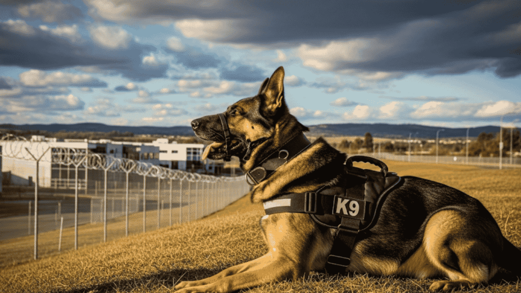 A landscape shot of a German Shepherd working as a security guard dog. The dog is lying down in a focused "down-stay" position on a grassy hill, wearing a tactical K9 harness. In the background, there is a chain-link fence, a modern building, and a wide-open landscape under a dramatic, cloudy sky.