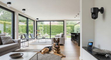 Featured image for a blog about How to Train a Guard Dog German Shepherd, showing a modern home with smart security devices like cameras, motion sensors, and alarms, in landscape format, realistic style.