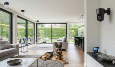 Featured image for a blog about How to Train a Guard Dog German Shepherd, showing a modern home with smart security devices like cameras, motion sensors, and alarms, in landscape format, realistic style.
