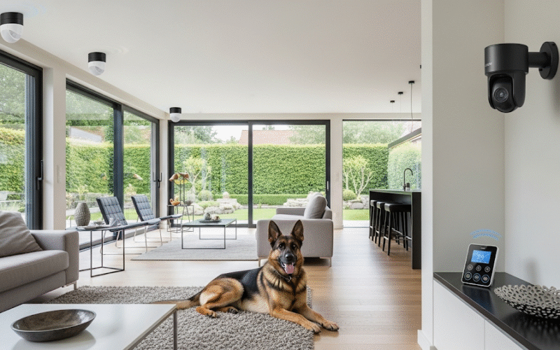 Featured image for a blog about How to Train a Guard Dog German Shepherd, showing a modern home with smart security devices like cameras, motion sensors, and alarms, in landscape format, realistic style.