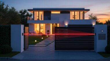A red infrared beam detectors stretches across the front gate of a modern house at dusk. The beam originates from a sensor on the left gatepost and connects to a sensor on the right, forming a security barrier. The two-story house, with its warm interior lights on, is surrounded by a well-maintained garden and a paved walkway leading to the front door. The sky in the background transitions from deep blue to orange, with the setting sun casting a warm glow on the scene.