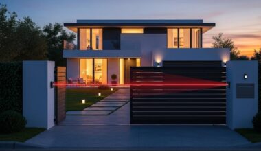 A red infrared beam detectors stretches across the front gate of a modern house at dusk. The beam originates from a sensor on the left gatepost and connects to a sensor on the right, forming a security barrier. The two-story house, with its warm interior lights on, is surrounded by a well-maintained garden and a paved walkway leading to the front door. The sky in the background transitions from deep blue to orange, with the setting sun casting a warm glow on the scene.