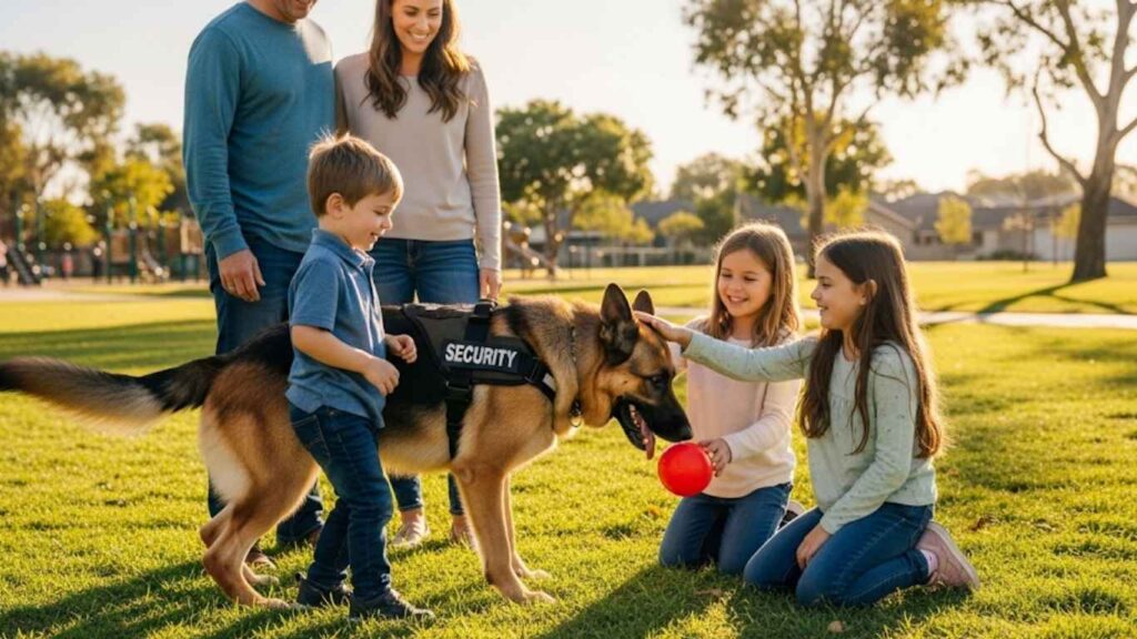  A German Shepherd security guard dog is playing with a family in a park. The dog, wearing a "SECURITY" vest, is nudging a ball toward a young boy while a girl kneels to pet its head. Their parents are standing nearby, smiling. The scene is a grassy park with trees and a playground in the background, under a warm afternoon sun