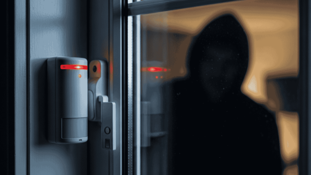 A close-up of a white window Infrared beam detectors security sensor with a red light on, alerting to a shadowy intruder wearing a hoodie outside.