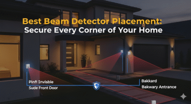 A diagram showing optimal beam detector placement for various living situations, including a small apartment, a two-story house, and a long hallway. Red lines represent the beams, and circular icons indicate the detector units.