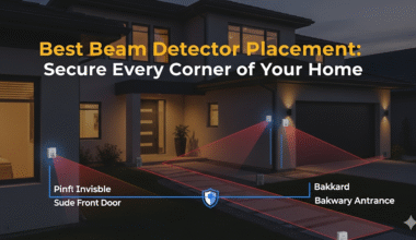 A diagram showing optimal beam detector placement for various living situations, including a small apartment, a two-story house, and a long hallway. Red lines represent the beams, and circular icons indicate the detector units.