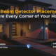 A diagram showing optimal beam detector placement for various living situations, including a small apartment, a two-story house, and a long hallway. Red lines represent the beams, and circular icons indicate the detector units.