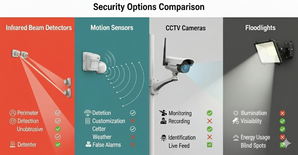 The image is a landscape-oriented comparison chart titled "Security Options Comparison." It has four vertical panels, each representing a different security option: "Infrared Beam Detectors," "Motion Sensors," "CCTV Cameras," and "Floodlights." Each panel features an icon or illustration of the respective device and a list of features with green checkmarks (indicating presence) or red 'X' marks (indicating absence or drawbacks)
