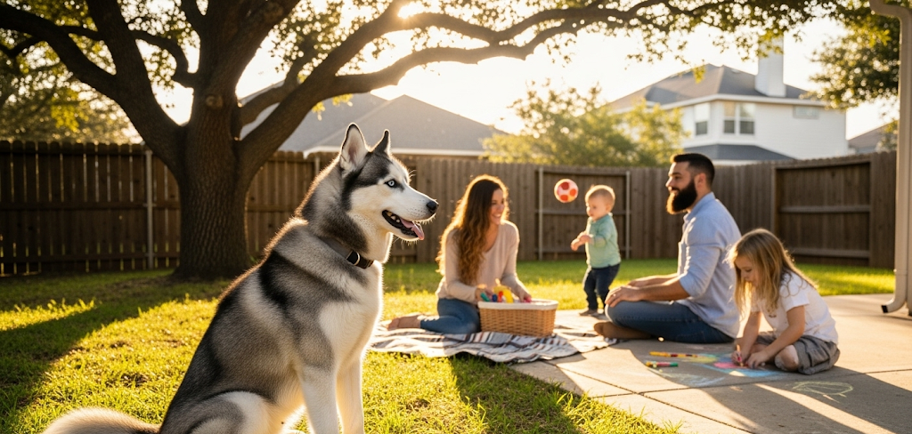 A husky guard dog sits attentively in the foreground, watching over its family having a picnic in a sunny backyard .will a husky attack an intruder