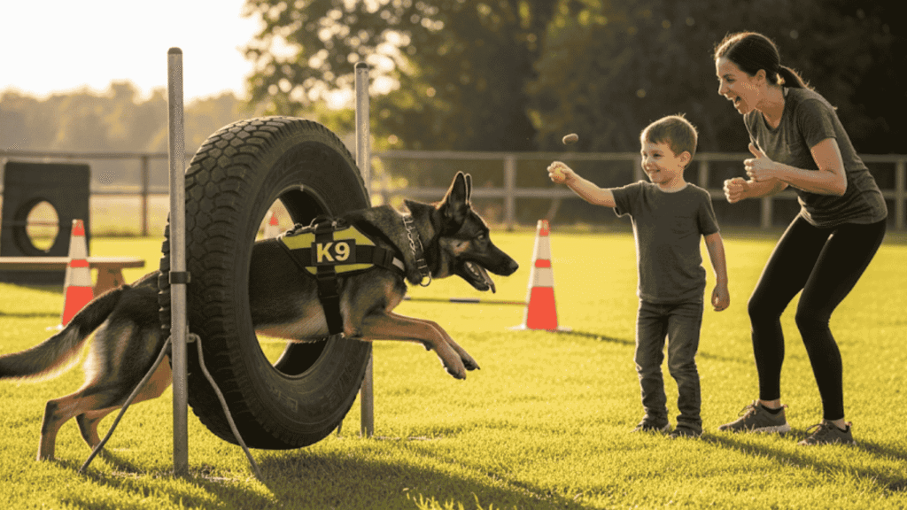 A security guard dog training with its family in a park on a sunny day 