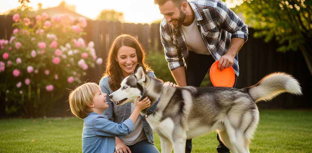 A husky dog nudges a laughing child on the grass while the parents look on and smile in a sunlit backyard. Will a husky attack an intruder