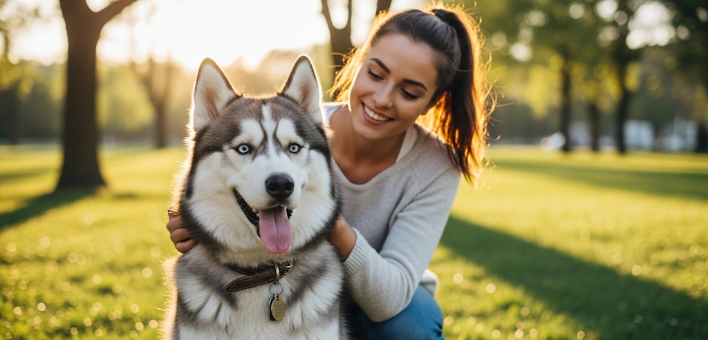 will a husky attack an intruder? A young woman is kneeling and smiling while petting a happy husky dog with bright blue eyes in a sunlit park.