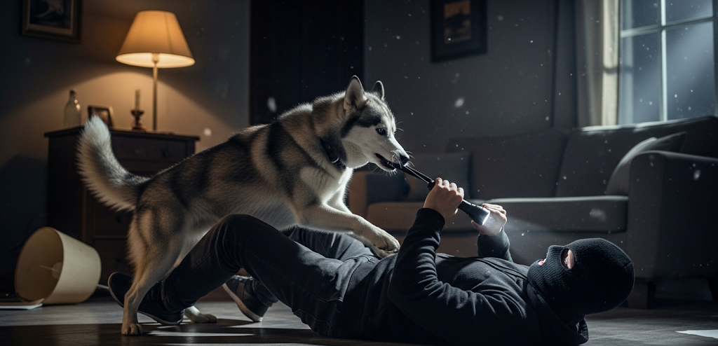 will a husky attack an intruder.A playful husky stands over a masked person on the floor, their tails wagging as they both hold onto a flashlight.