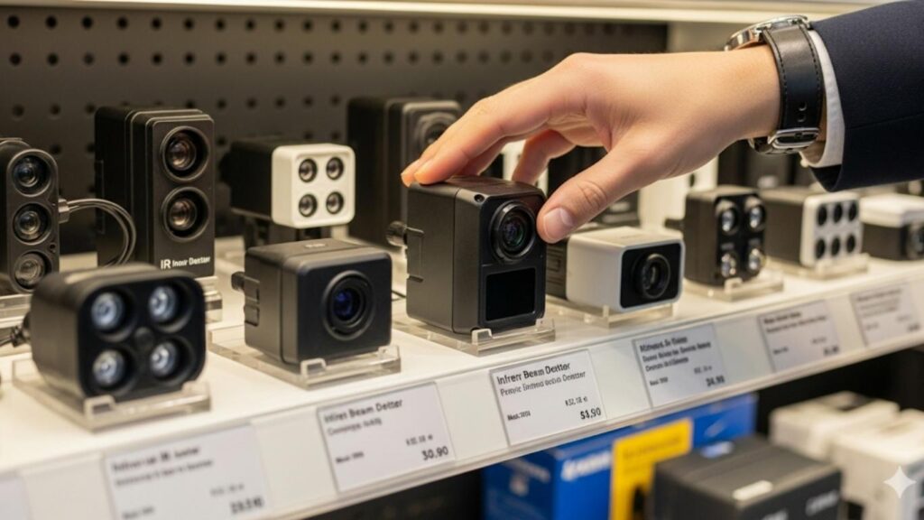 A person's hand reaches for a black infrared beam detectors on a store shelf filled with various security devices and price tags.