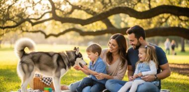A husky dog calmly interacts with a family during a picnic, showing no signs of aggression, even in a scenario that might provoke an attack by an intruder. Will a husky attack an intruder