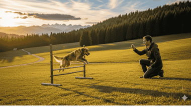 A wide landscape photo showing a person and his Security Guard dog training in an open, grassy field. The person is kneeling and holding a treat for the dog, who is sitting attentively. Rolling hills and a clear sky are visible in the background.