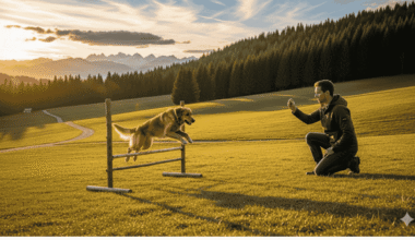 A wide landscape photo showing a person and his Security Guard dog training in an open, grassy field. The person is kneeling and holding a treat for the dog, who is sitting attentively. Rolling hills and a clear sky are visible in the background.