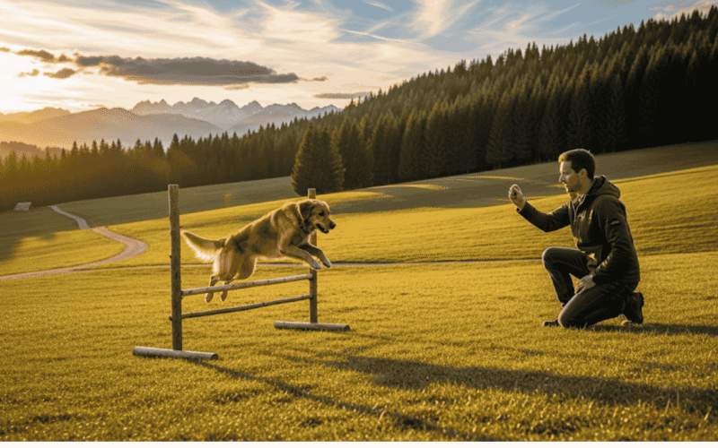 A wide landscape photo showing a person and his Security Guard dog training in an open, grassy field. The person is kneeling and holding a treat for the dog, who is sitting attentively. Rolling hills and a clear sky are visible in the background.